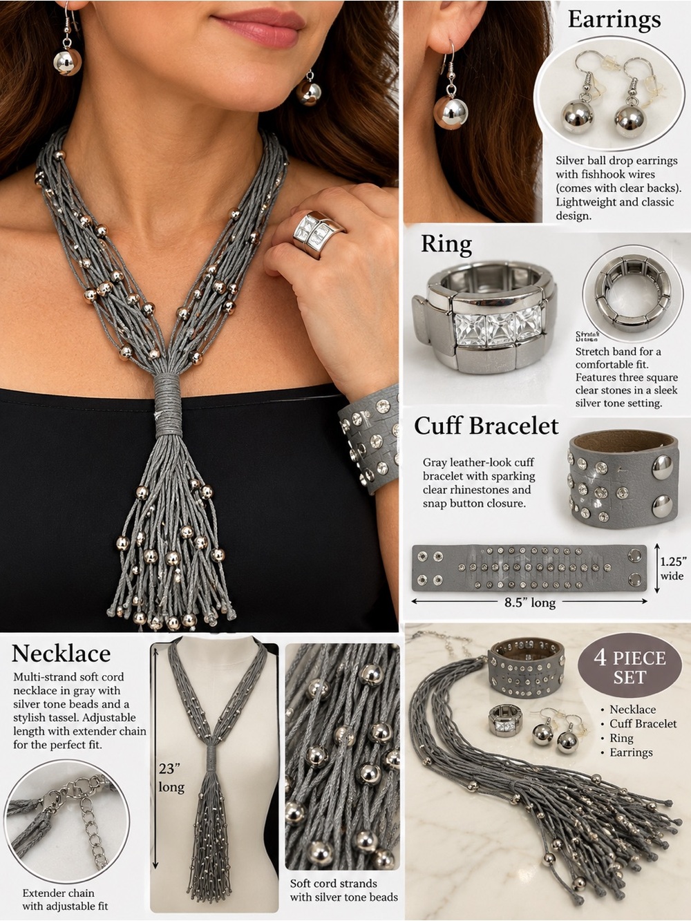 4pcs graySilver-Tone Multi-Strand Tassel Necklace Set with Ring, Cuff & Earrings